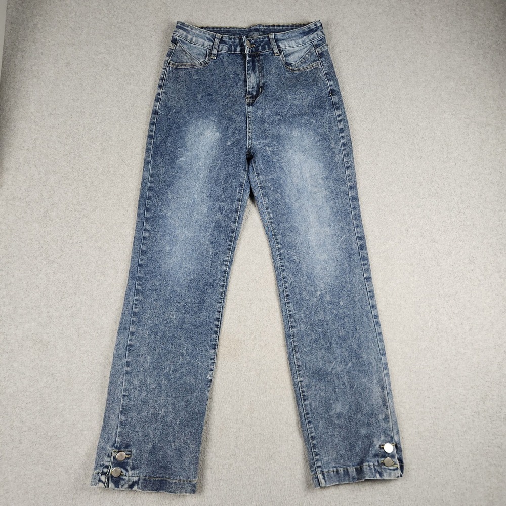 Womens Jeans Large Blue Denim Faded Cotton Stretch Straight Leg Ankle Button